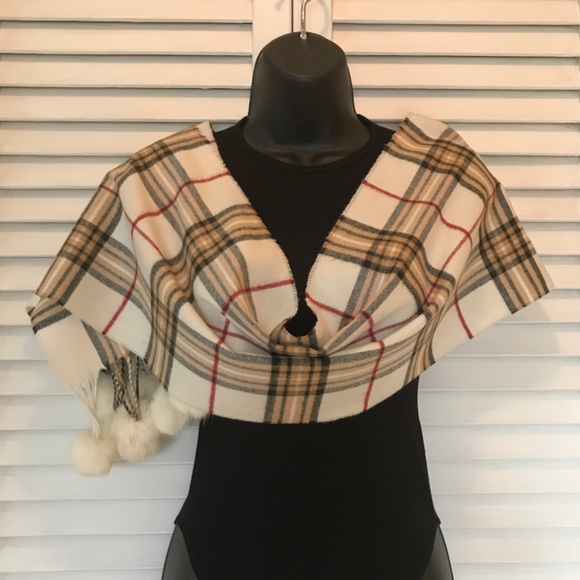 White Plaid Scarf- Real Fur Pom Poms! EUC 3/$19 - Picture 2 of 12